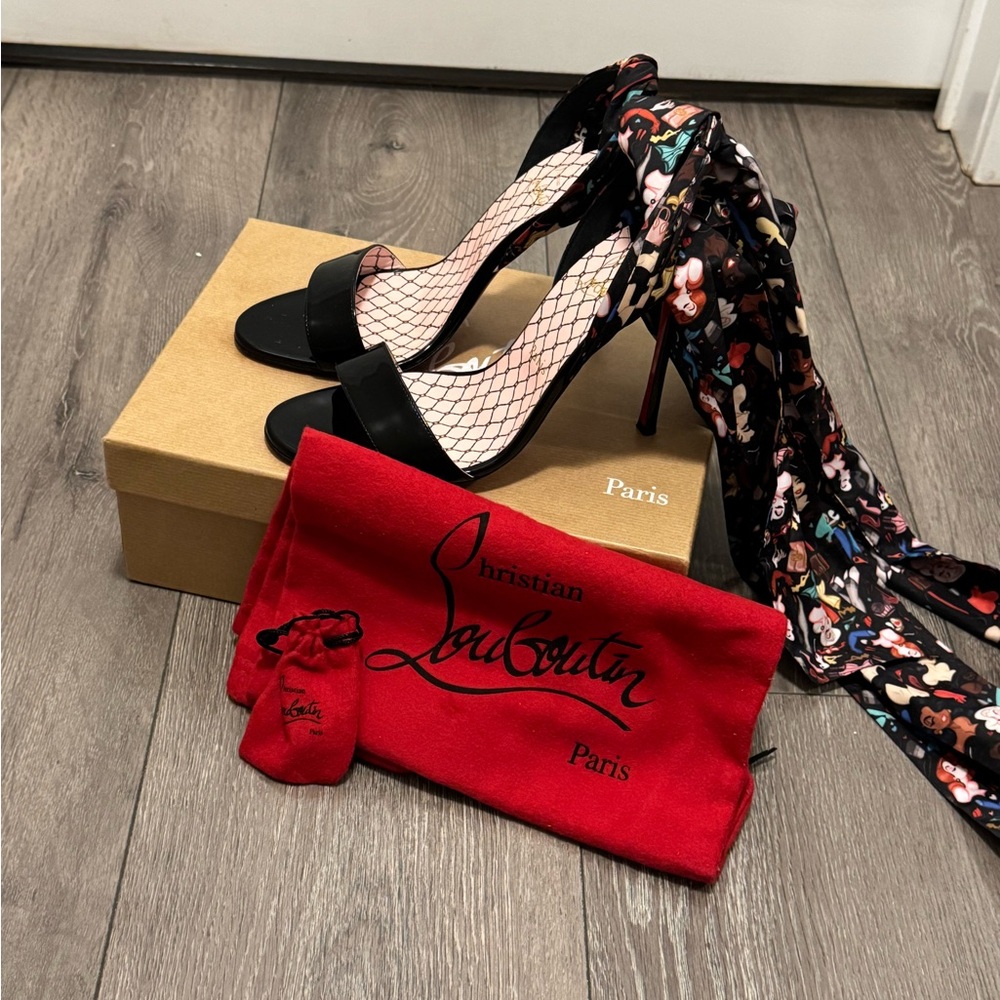Christian Louboutin Black Heels with Floral Scarf and Red Sole